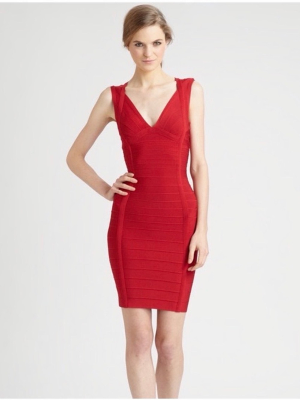 Herve Leger Red Sleeveless Bandage Midi Dress